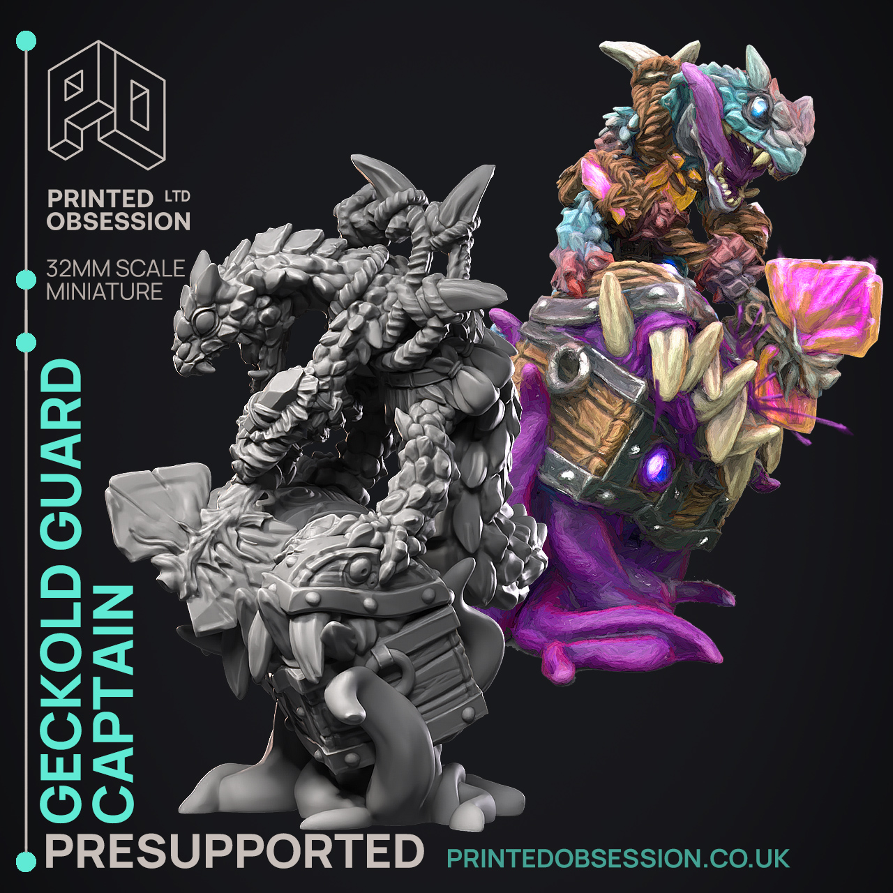 Geckold Guard Captain - Geckolds - PRESUPPORTED - Illustrated and Stats - 32mm scale